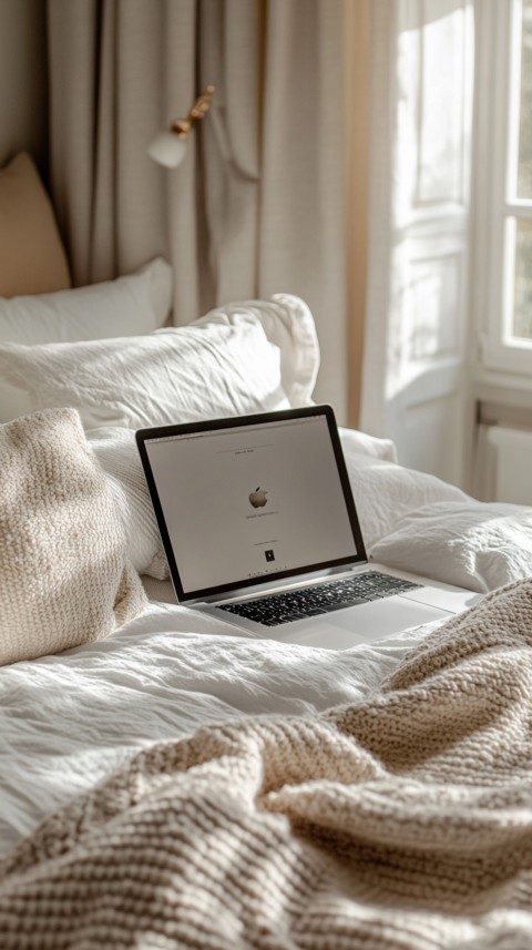 Overhead View of a Bed with an Open Laptop and White Bedding – Minimalist Aesthetic (159)