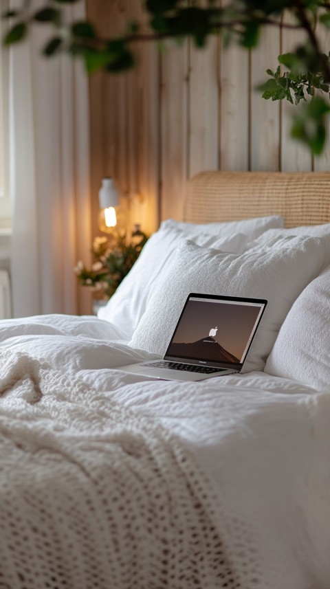 Overhead View of a Bed with an Open Laptop and White Bedding – Minimalist Aesthetic (167)