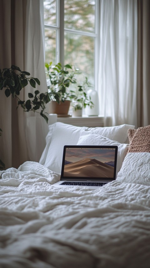 Overhead View of a Bed with an Open Laptop and White Bedding – Minimalist Aesthetic (168)