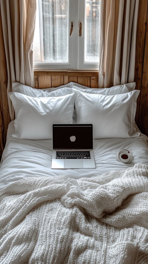 Overhead View of a Bed with an Open Laptop and White Bedding – Minimalist Aesthetic (158)