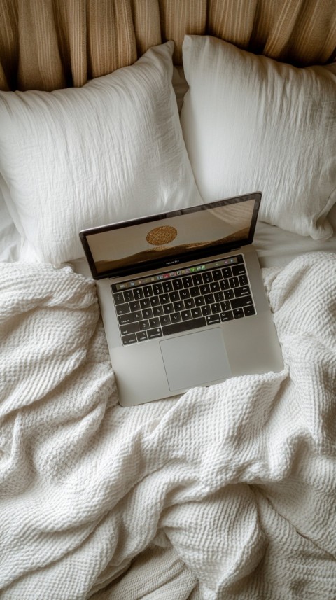 Overhead View of a Bed with an Open Laptop and White Bedding – Minimalist Aesthetic (165)