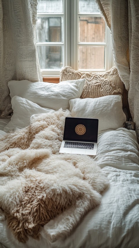 Overhead View of a Bed with an Open Laptop and White Bedding – Minimalist Aesthetic (162)