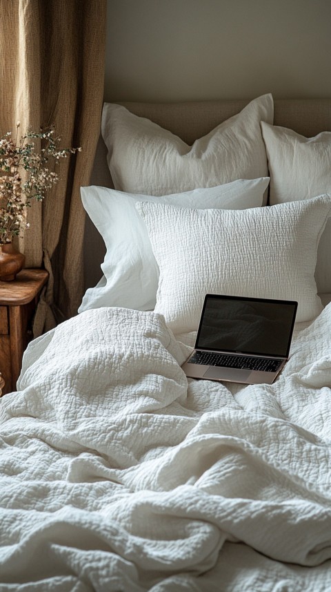 Overhead View of a Bed with an Open Laptop and White Bedding – Minimalist Aesthetic (151)