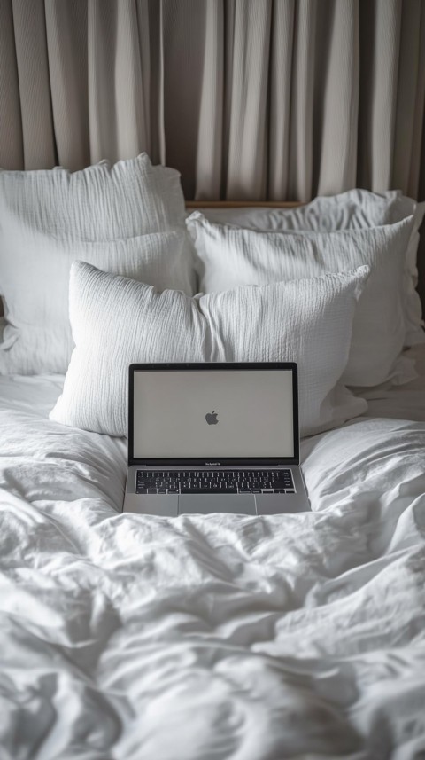 Overhead View of a Bed with an Open Laptop and White Bedding – Minimalist Aesthetic (183)