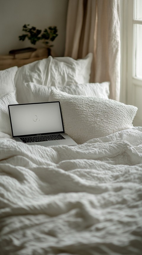 Overhead View of a Bed with an Open Laptop and White Bedding – Minimalist Aesthetic (187)