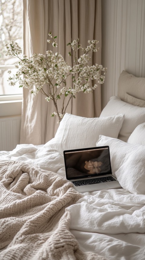 Overhead View of a Bed with an Open Laptop and White Bedding – Minimalist Aesthetic (185)