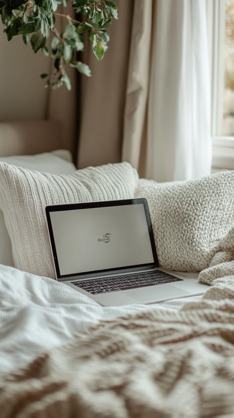 Overhead View of a Bed with an Open Laptop and White Bedding – Minimalist Aesthetic (176)