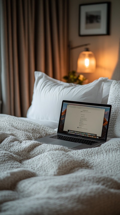 Overhead View of a Bed with an Open Laptop and White Bedding – Minimalist Aesthetic (179)