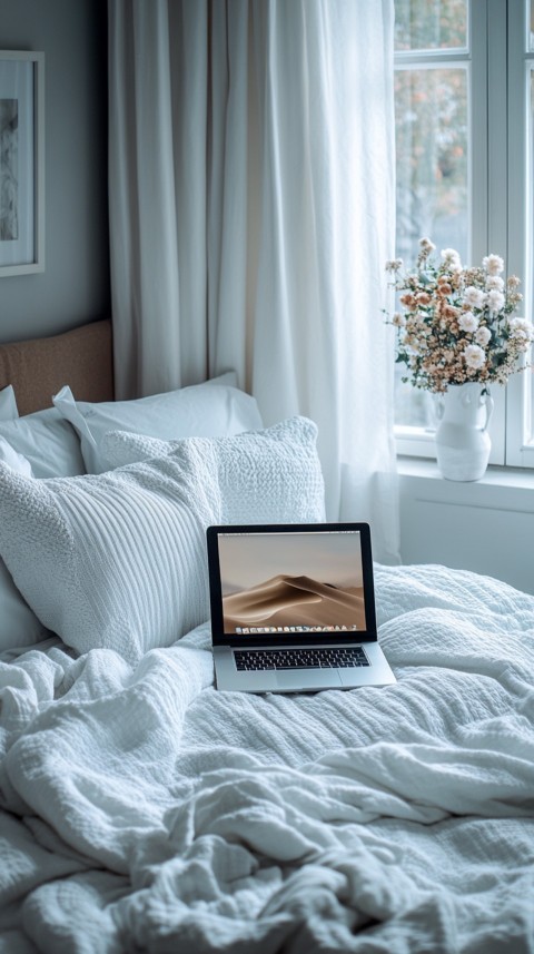 Overhead View of a Bed with an Open Laptop and White Bedding – Minimalist Aesthetic (172)