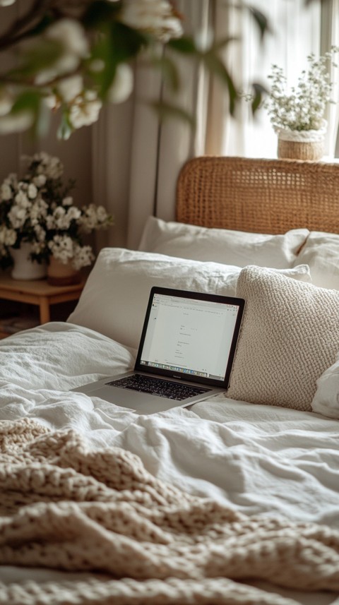 Overhead View of a Bed with an Open Laptop and White Bedding – Minimalist Aesthetic (177)