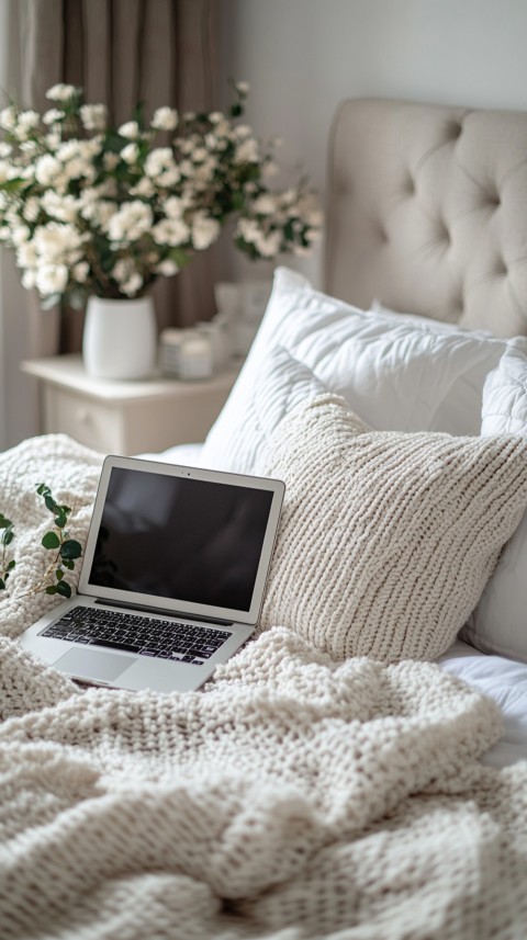 Overhead View of a Bed with an Open Laptop and White Bedding – Minimalist Aesthetic (173)