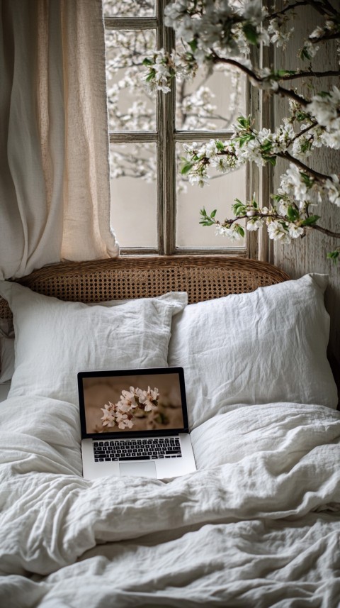 Overhead View of a Bed with an Open Laptop and White Bedding – Minimalist Aesthetic (174)