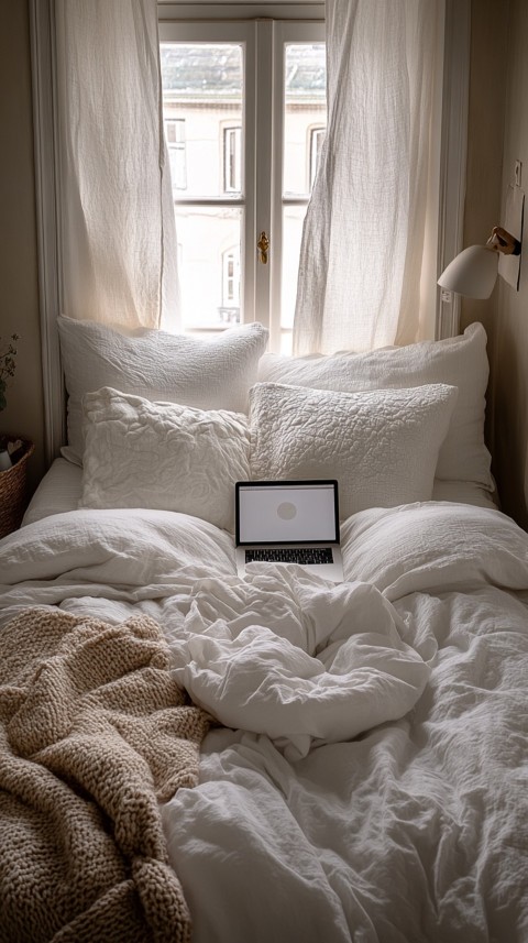 Overhead View of a Bed with an Open Laptop and White Bedding – Minimalist Aesthetic (182)