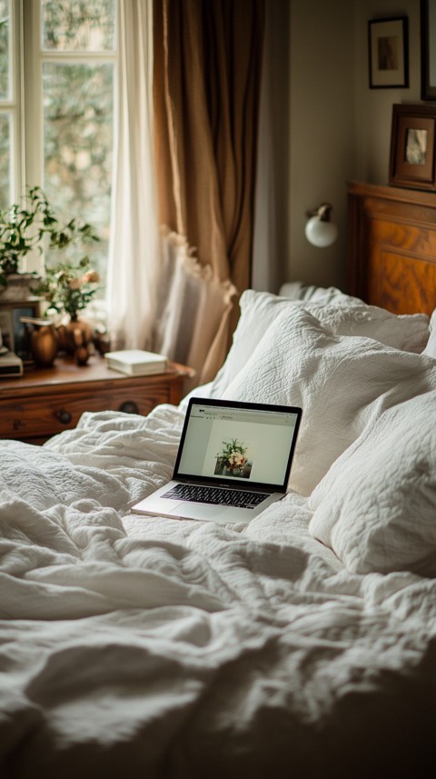 Overhead View of a Bed with an Open Laptop and White Bedding – Minimalist Aesthetic (186)