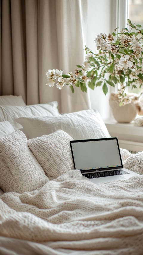 Overhead View of a Bed with an Open Laptop and White Bedding – Minimalist Aesthetic (188)