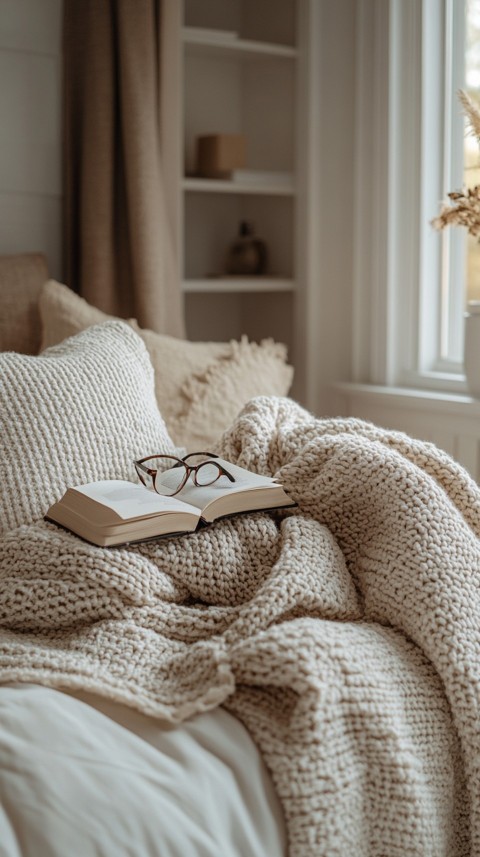 Overhead View of Bed Edge with Neatly Folded Clothes and Reading Glasses – Cozy Aesthetic (11)