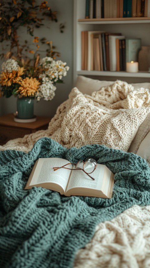 Overhead View of Bed Edge with Neatly Folded Clothes and Reading Glasses – Cozy Aesthetic (16)