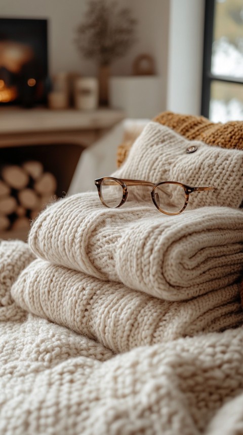 Overhead View of Bed Edge with Neatly Folded Clothes and Reading Glasses – Cozy Aesthetic (6)