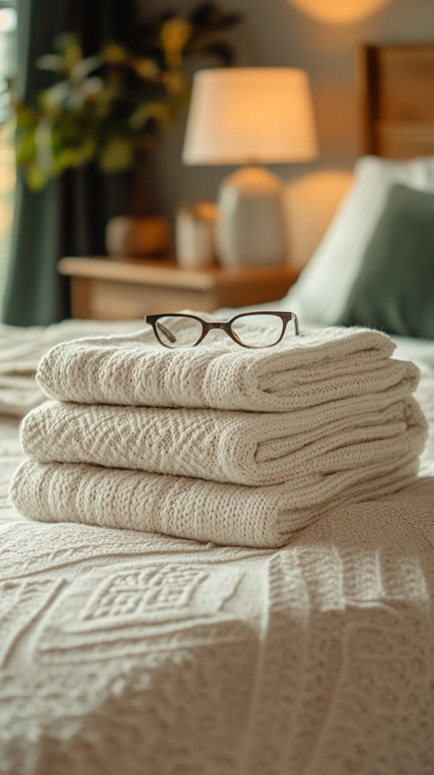 Overhead View of Bed Edge with Neatly Folded Clothes and Reading Glasses – Cozy Aesthetic (15)