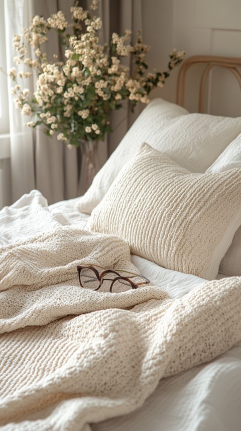 Overhead View of Bed Edge with Neatly Folded Clothes and Reading Glasses – Cozy Aesthetic (3)