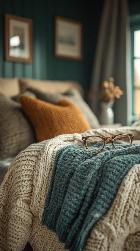 Overhead View of Bed Edge with Neatly Folded Clothes and Reading Glasses – Cozy Aesthetic (18)