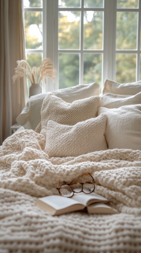 Overhead View of Bed Edge with Neatly Folded Clothes and Reading Glasses – Cozy Aesthetic (10)