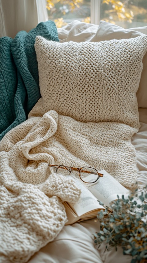 Overhead View of Bed Edge with Neatly Folded Clothes and Reading Glasses – Cozy Aesthetic (7)