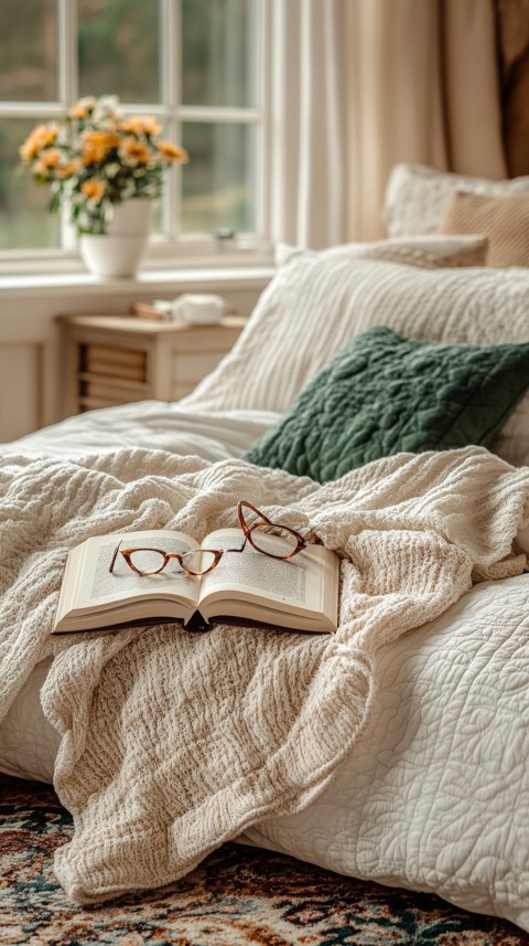 Overhead View of Bed Edge with Neatly Folded Clothes and Reading Glasses – Cozy Aesthetic (4)