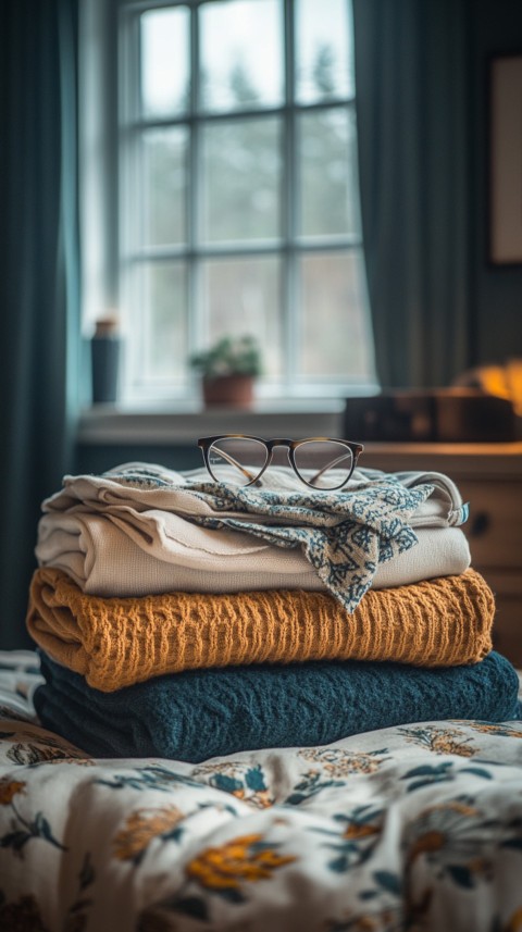 Overhead View of Bed Edge with Neatly Folded Clothes and Reading Glasses – Cozy Aesthetic (13)