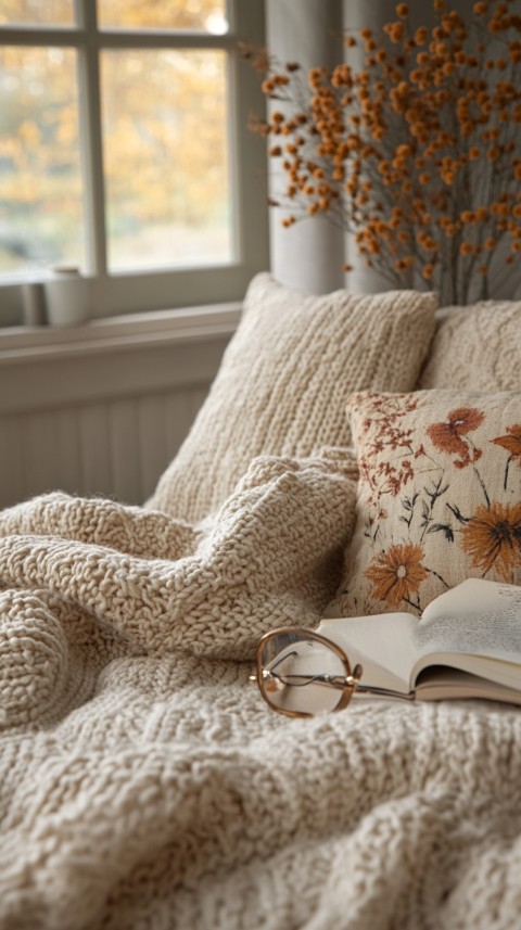 Overhead View of Bed Edge with Neatly Folded Clothes and Reading Glasses – Cozy Aesthetic (25)