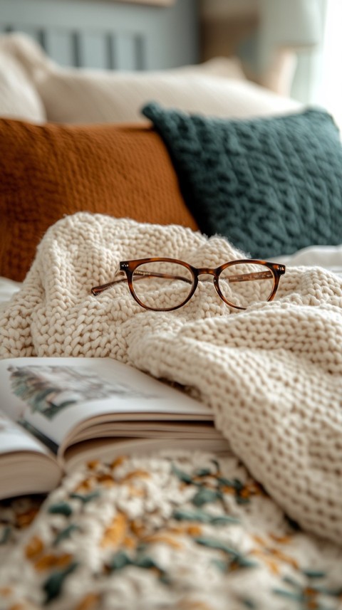 Overhead View of Bed Edge with Neatly Folded Clothes and Reading Glasses – Cozy Aesthetic (47)