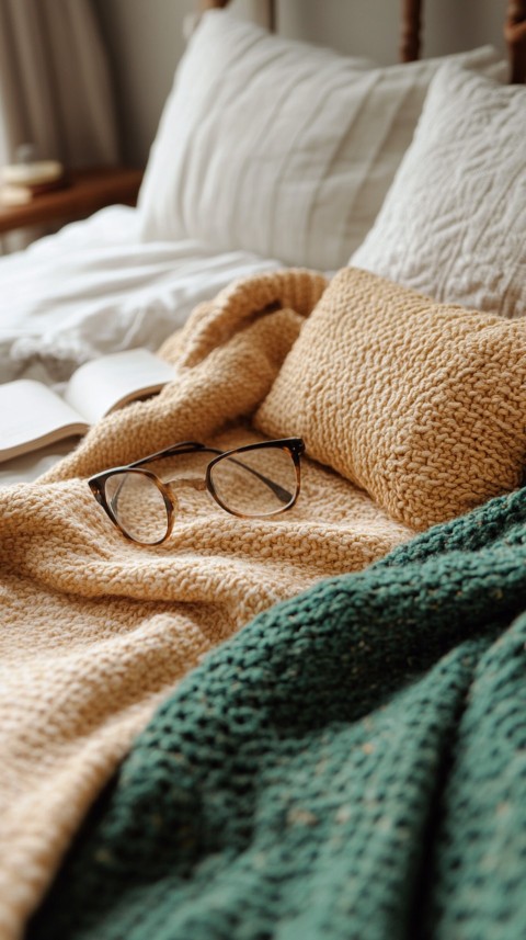 Overhead View of Bed Edge with Neatly Folded Clothes and Reading Glasses – Cozy Aesthetic (44)