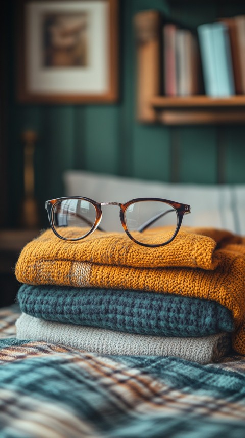 Overhead View of Bed Edge with Neatly Folded Clothes and Reading Glasses – Cozy Aesthetic (30)