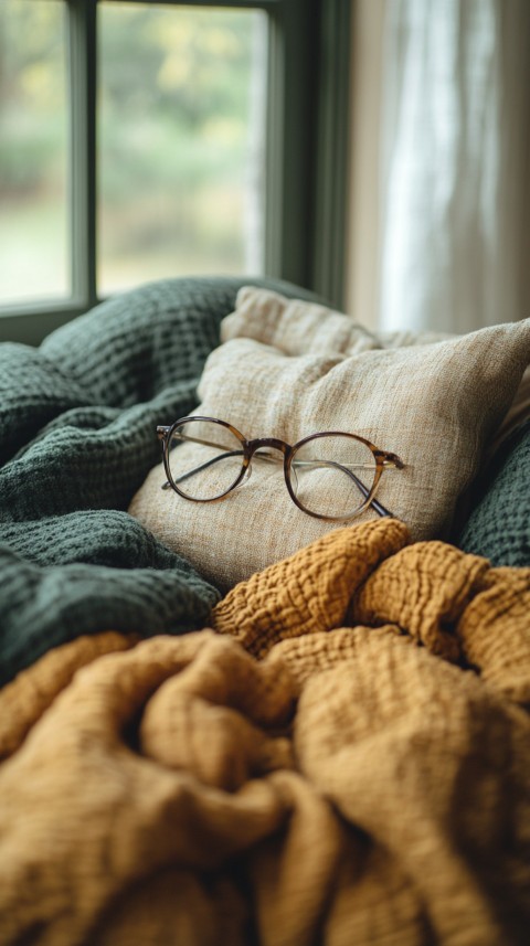 Overhead View of Bed Edge with Neatly Folded Clothes and Reading Glasses – Cozy Aesthetic (37)