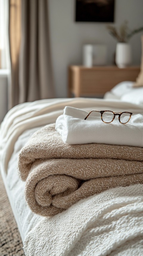 Overhead View of Bed Edge with Neatly Folded Clothes and Reading Glasses – Cozy Aesthetic (50)