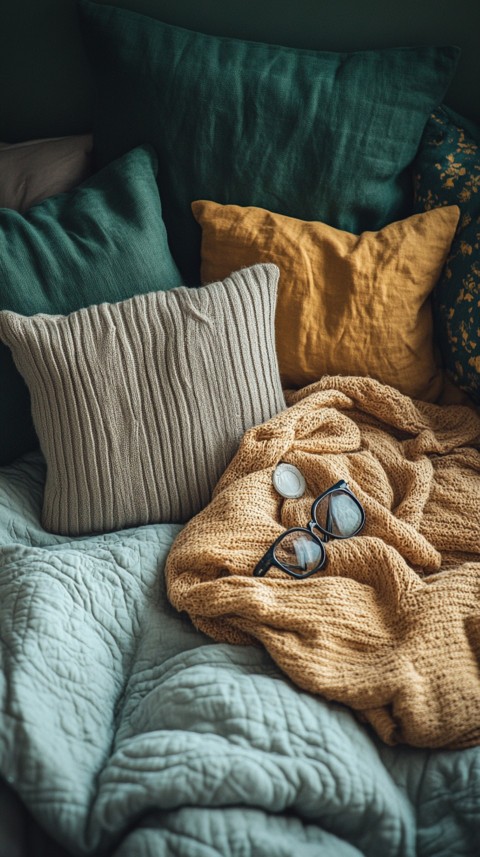 Overhead View of Bed Edge with Neatly Folded Clothes and Reading Glasses – Cozy Aesthetic (32)