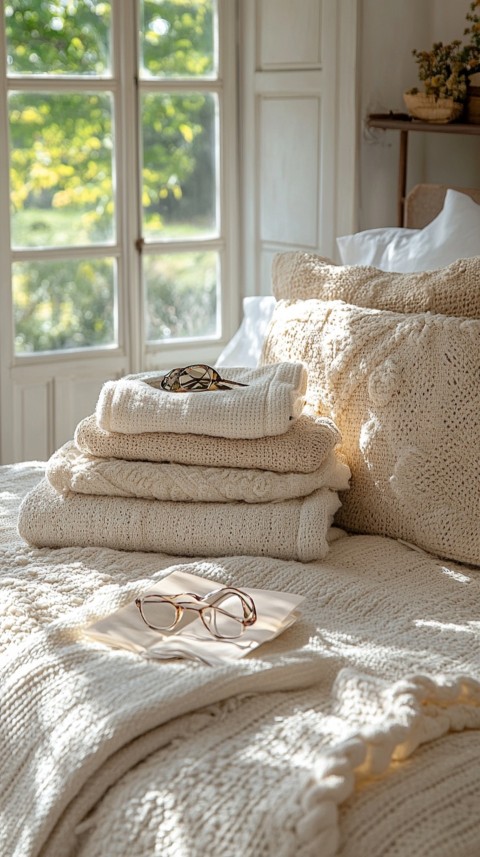 Overhead View of Bed Edge with Neatly Folded Clothes and Reading Glasses – Cozy Aesthetic (31)