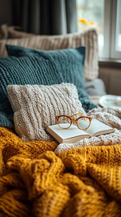 Overhead View of Bed Edge with Neatly Folded Clothes and Reading Glasses – Cozy Aesthetic (22)