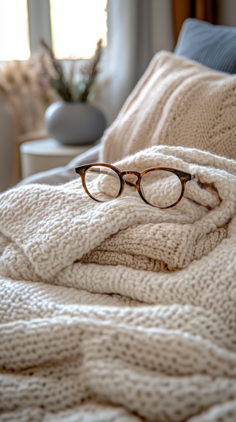 Overhead View of Bed Edge with Neatly Folded Clothes and Reading Glasses – Cozy Aesthetic (36)