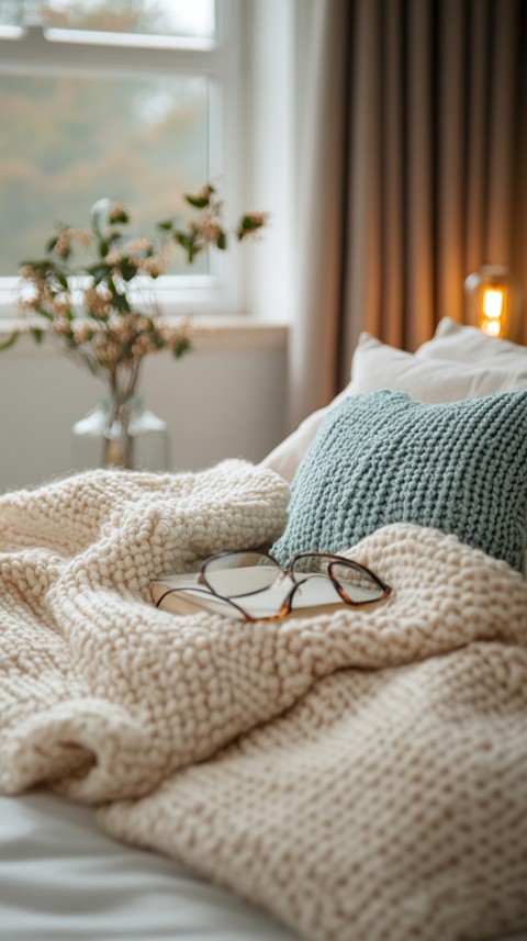 Overhead View of Bed Edge with Neatly Folded Clothes and Reading Glasses – Cozy Aesthetic (70)