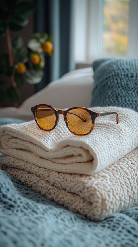 Overhead View of Bed Edge with Neatly Folded Clothes and Reading Glasses – Cozy Aesthetic (51)