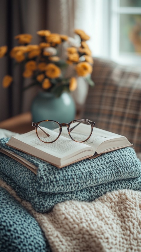 Overhead View of Bed Edge with Neatly Folded Clothes and Reading Glasses – Cozy Aesthetic (53)