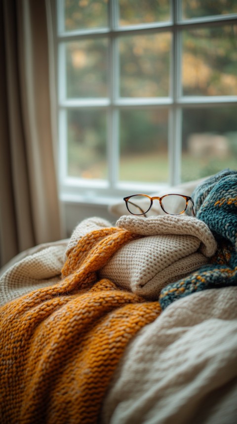 Overhead View of Bed Edge with Neatly Folded Clothes and Reading Glasses – Cozy Aesthetic (59)