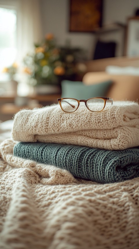 Overhead View of Bed Edge with Neatly Folded Clothes and Reading Glasses – Cozy Aesthetic (55)