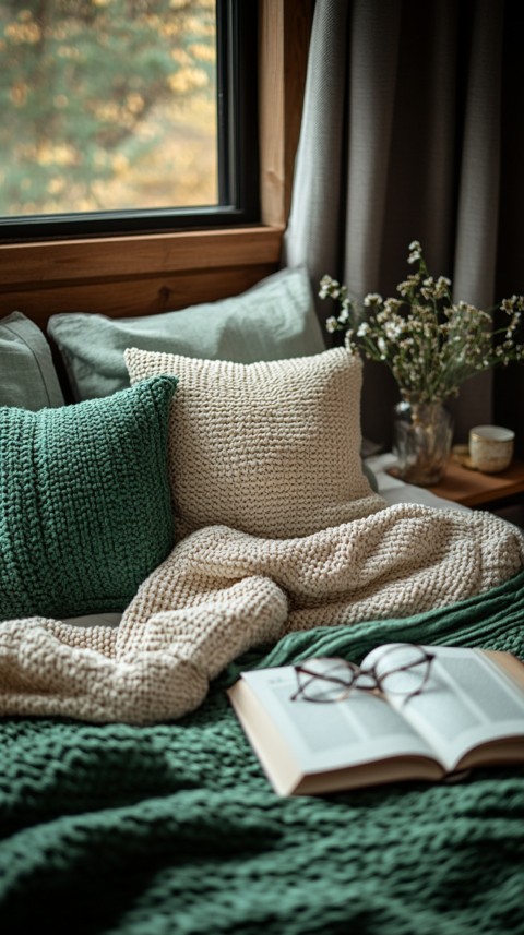 Overhead View of Bed Edge with Neatly Folded Clothes and Reading Glasses – Cozy Aesthetic (64)