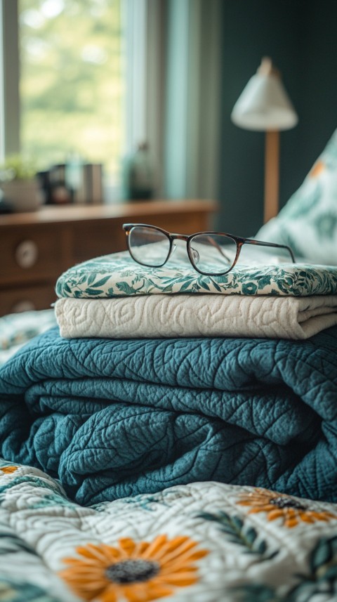 Overhead View of Bed Edge with Neatly Folded Clothes and Reading Glasses – Cozy Aesthetic (67)