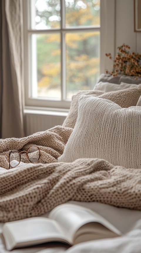 Overhead View of Bed Edge with Neatly Folded Clothes and Reading Glasses – Cozy Aesthetic (71)