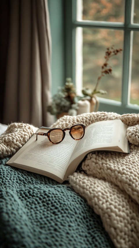 Overhead View of Bed Edge with Neatly Folded Clothes and Reading Glasses – Cozy Aesthetic (89)