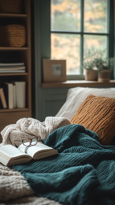 Overhead View of Bed Edge with Neatly Folded Clothes and Reading Glasses – Cozy Aesthetic (98)