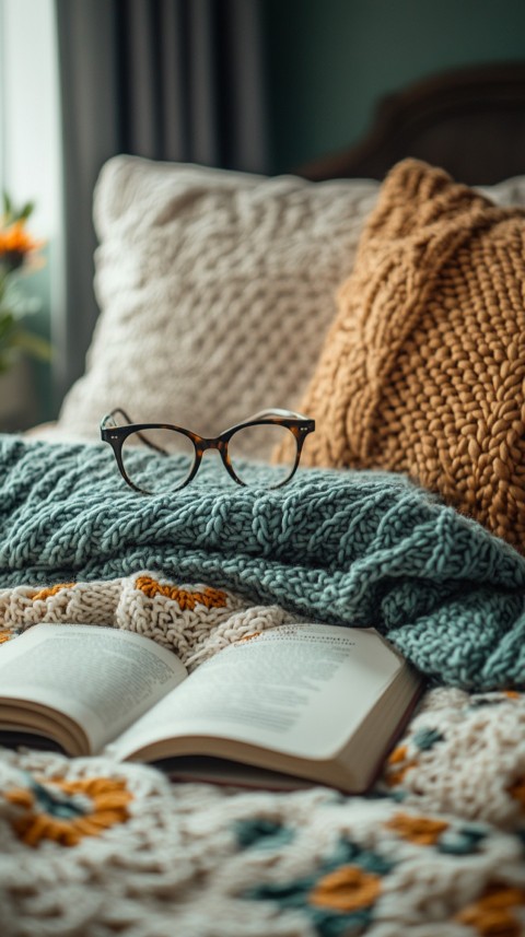 Overhead View of Bed Edge with Neatly Folded Clothes and Reading Glasses – Cozy Aesthetic (88)